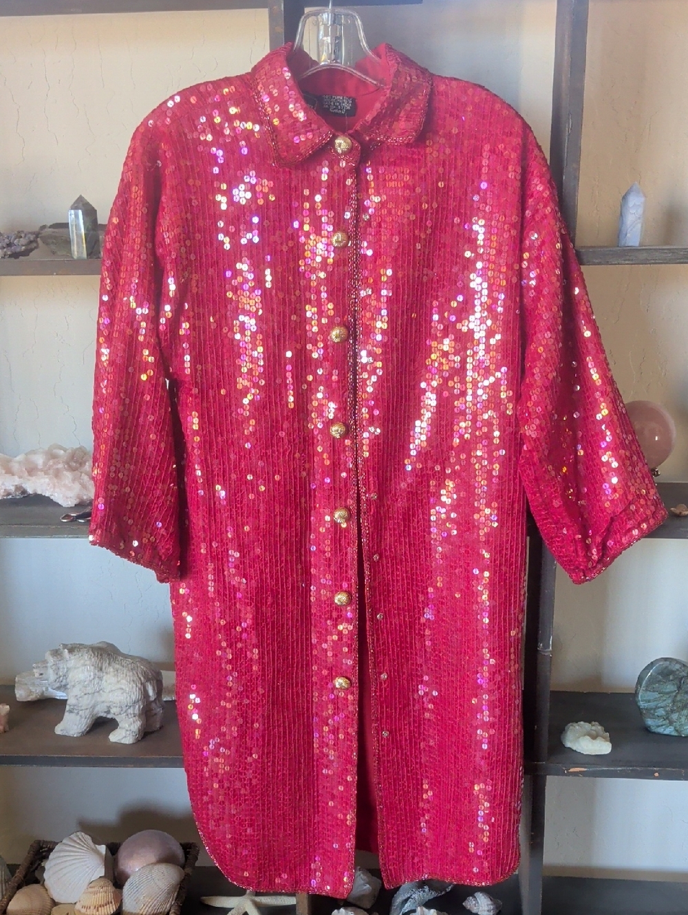 Vintage Silk Lining Sequined Red Button-Front Coat